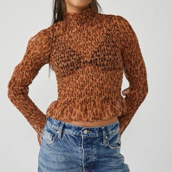 Free People Hello There Mesh Smocked Top Leopard Size Small - Picture 3 of 12